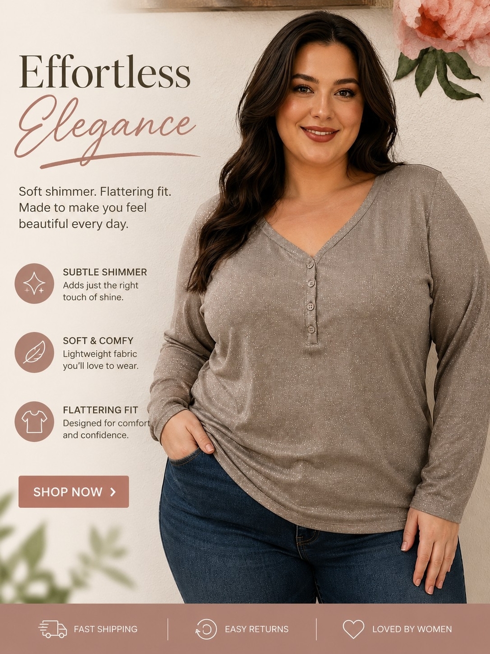 a.n.a Taupe Shimmer Henley Long Sleeve Top